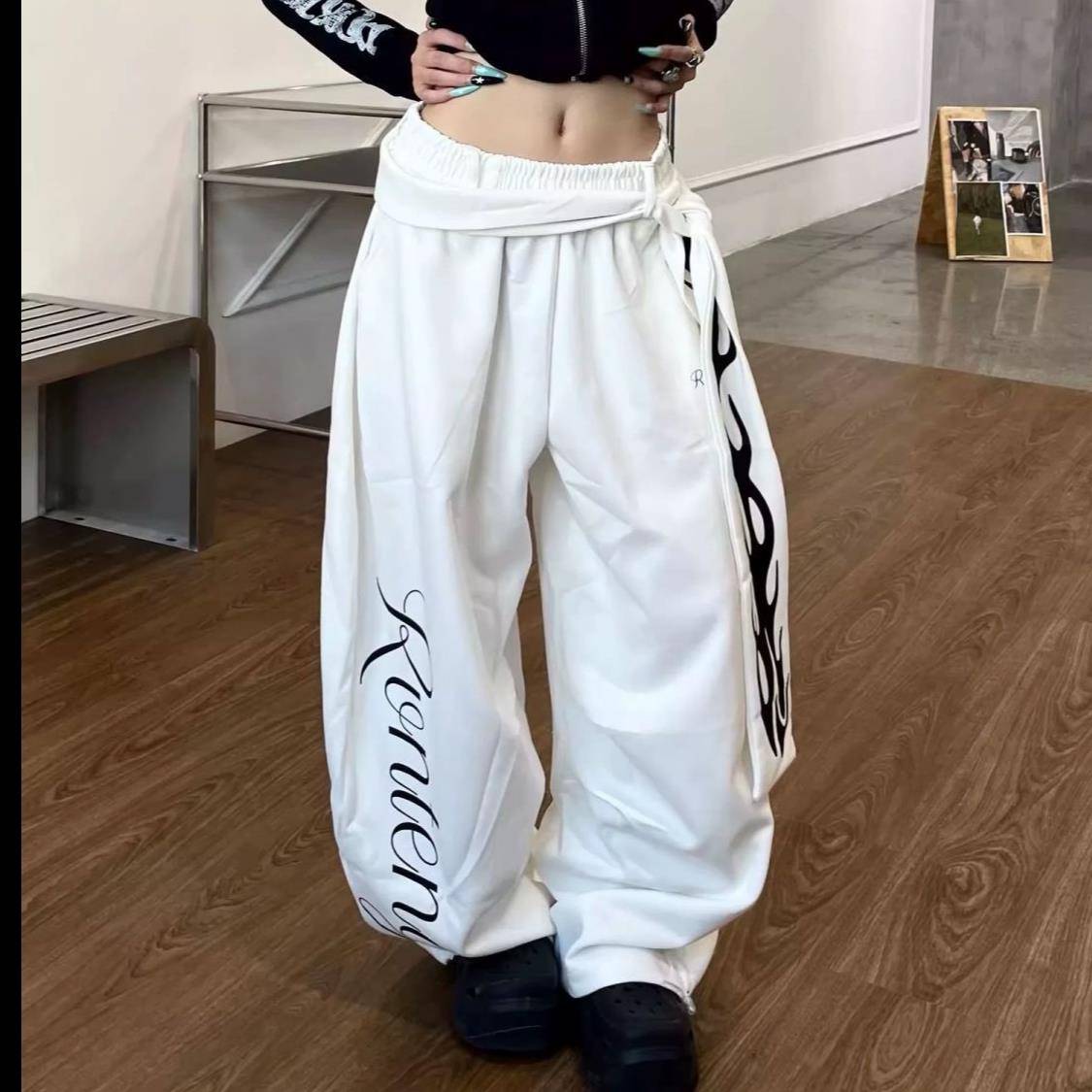 极速美式复古白色火焰印花可拆卸绑带弯刀卫裤跳舞女爵士舞宽松阔