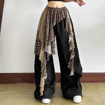 Women Leopard Lace Patchwork Boho Skirt Irregular Hem