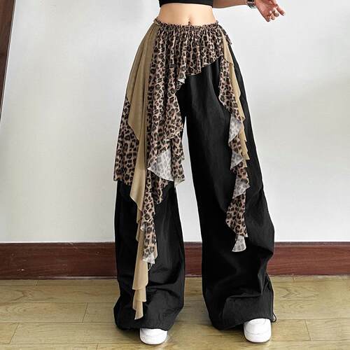 Women Leopard Lace Patchwork Boho Skirt Irregular Hem
