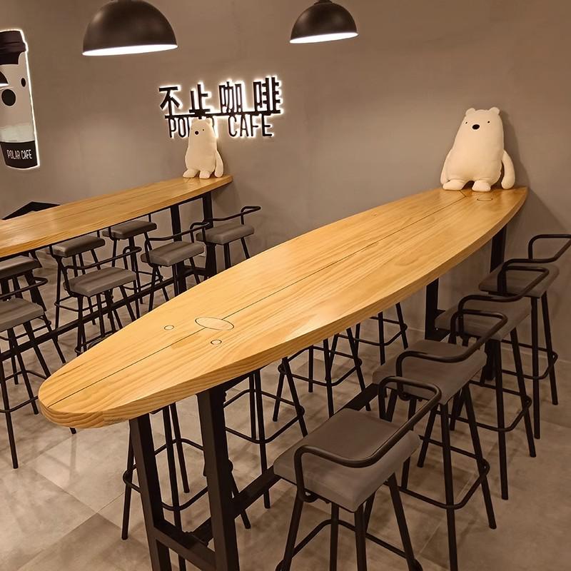 实木吧台桌椅休闲酒吧桌咖啡厅快餐火锅奶茶店组合靠墙长条高脚桌