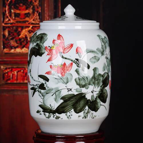 高档桶景德镇陶器手绘米缸米带盖50斤装面餐缸储物罐家瓷居酒店厅