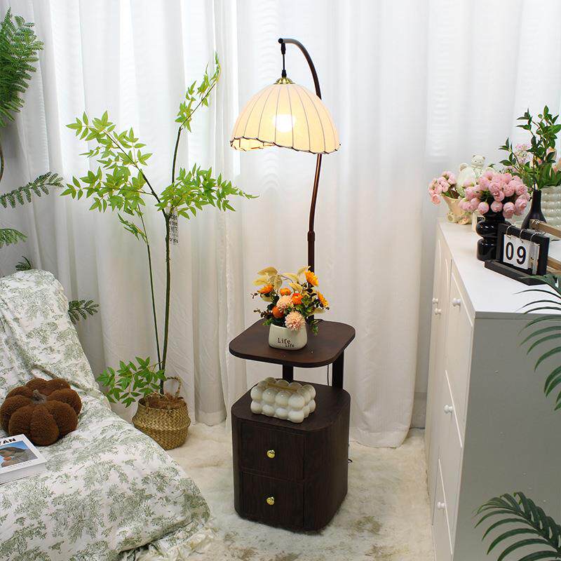 法式复古卧室置物架床头柜带灯装饰客厅沙发中古风落地灯台灯一体