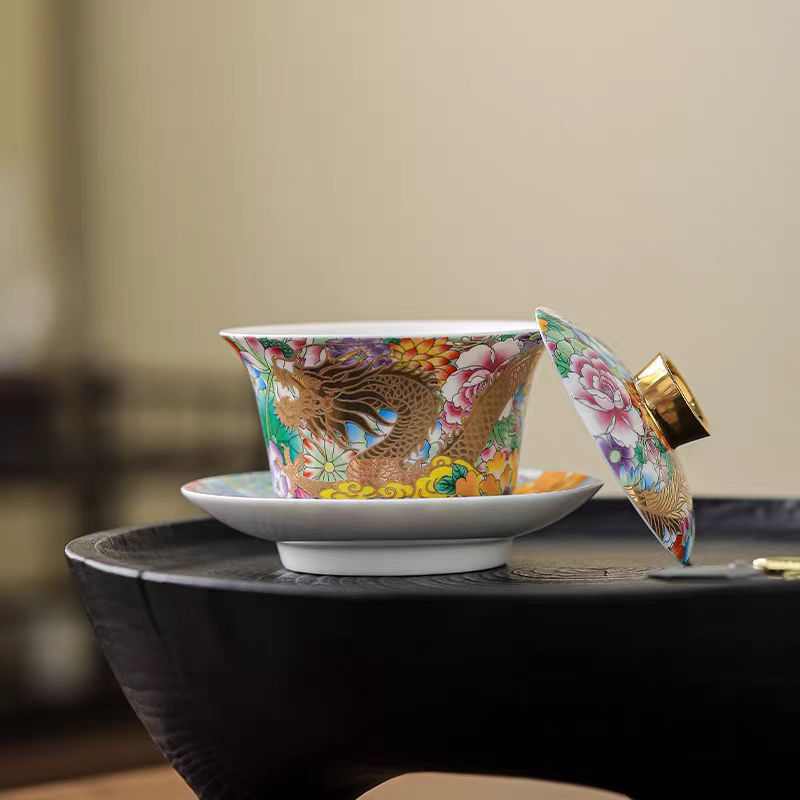 掐茶具杯潮碗盖结婚盖碗彩国泡茶龙凤金银丝敬茶功夫珐琅碗三才