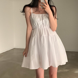 韩国chic夏季法式气质雪纺白色吊带裙宽松减龄小个子收腰短裙