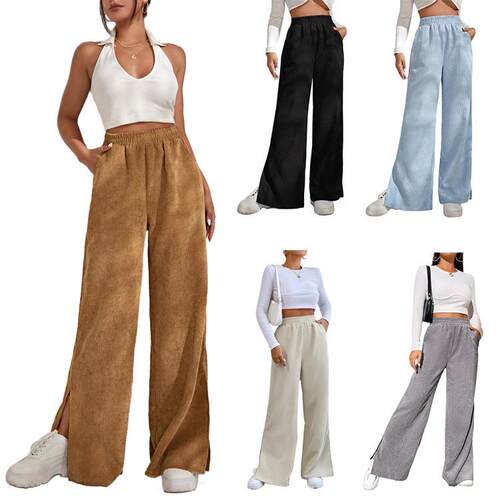 Women's high waisted pants with corduroy splicing and slit