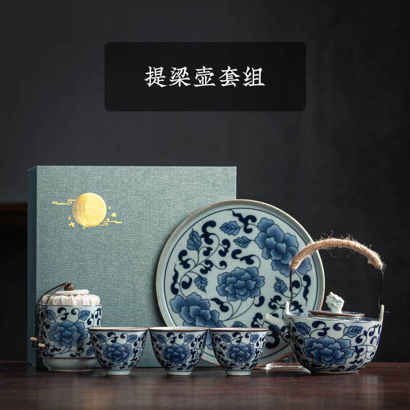 禅之莲墨瓷茶壶提梁壶大茶壶茶水壶小套泡茶壶大容量网红茶具用品