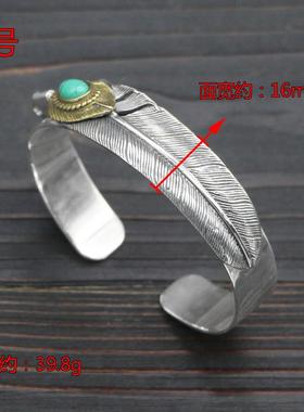 正品S925纯银开羽毛潮手工复古口高桥手镯唐生草手牌环个性简约男