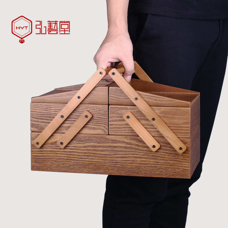 木制中针线盒式实用复古拉手首饰品收纳仿古色首饰盒双开式批发