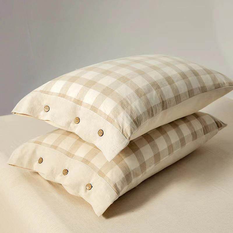 A类亚麻四套KJS感格子纯色被套床双人2米高床笠款件亲肤裸单睡棉2