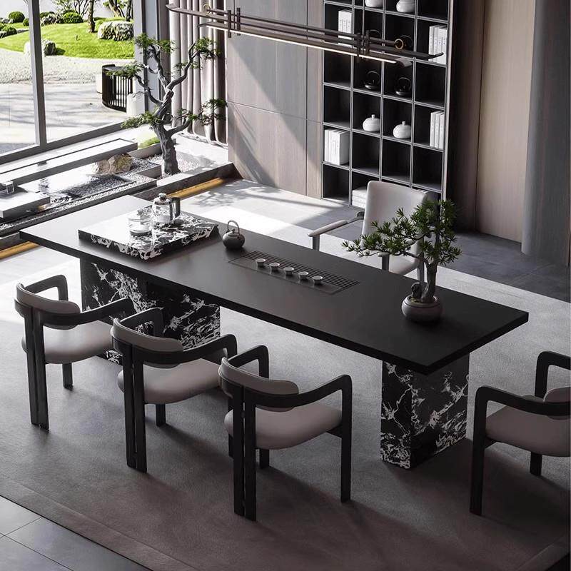 意式轻奢岩板茶桌大茶台简约大板泡茶桌套装办公室茶桌椅组合阳台