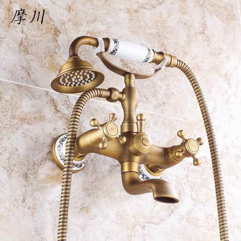 欧式电浴室组合花洒 仿古黄铜冷热混水手持式淋浴花洒组合套装