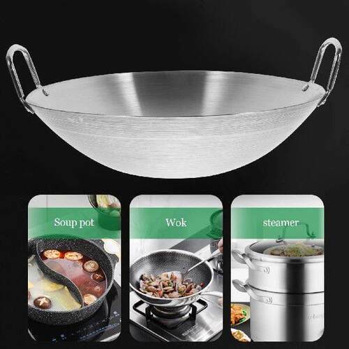 Double-ear Frying Pan Stainless Steel Wok Uncoated Round