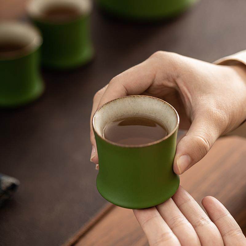 竹青釉一壶六杯茶具套组陶瓷茶壶茶杯竹节杯整套功夫茶具礼盒装