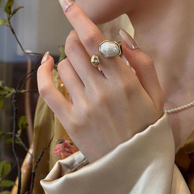 异形珍珠开口戒指女款ins小众设计高级感2025年新款复古食指戒指