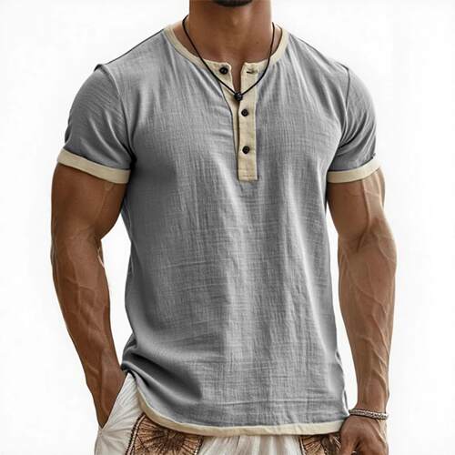 Men's linen cotton breathable top, border shirt, short
