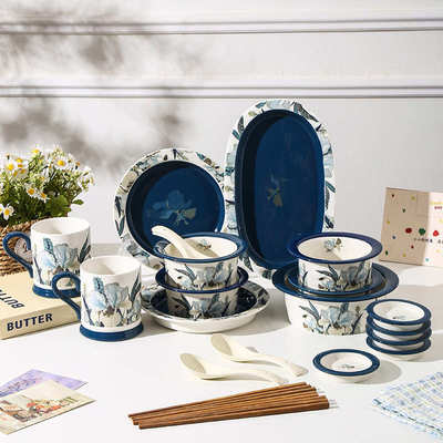 蓝色鸢尾花高颜值陶瓷碗碟盘节日伴手礼套装复古花卉餐具商务礼品