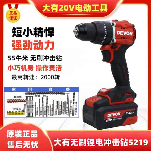 大有20V无刷锂电冲击钻5219大扭矩多功能电动螺丝刀工业级电钻