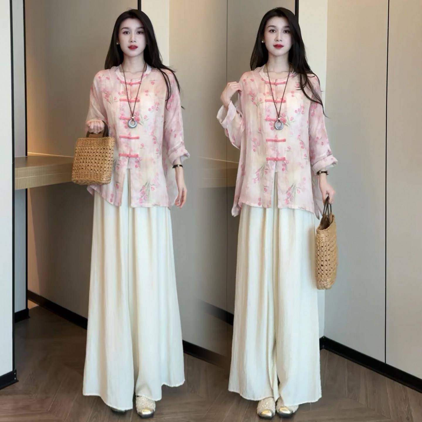 极速新中式时尚套装女2026秋季新款洋气显瘦国风盘扣上衣阔腿裤两
