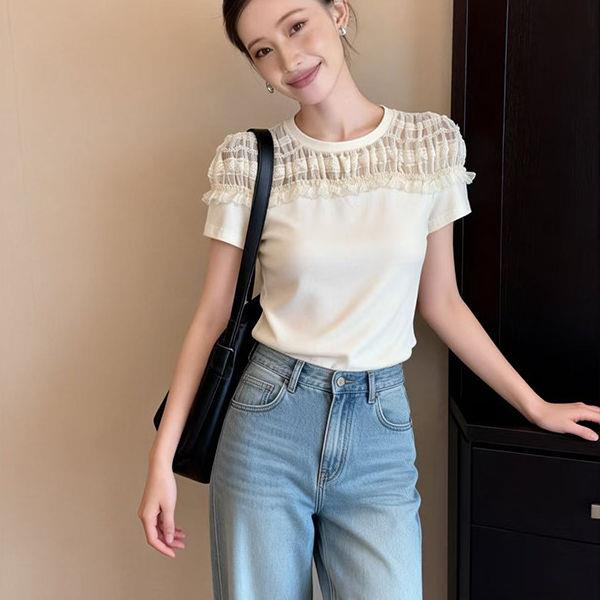 潮牌设计感拼接圆领白色短袖T恤女新款时尚超好看百搭显瘦上衣潮