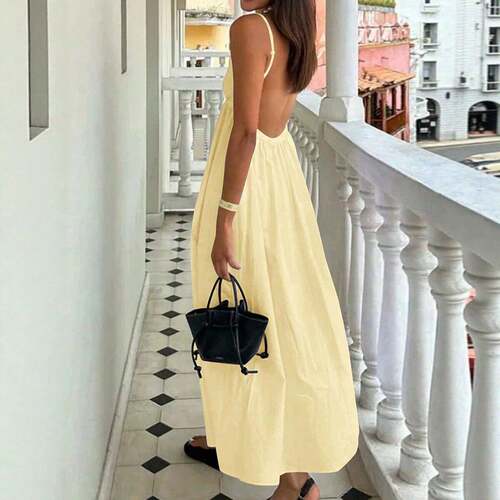 Summer Backless Spaghetti Strap Dress for Women Solid Color