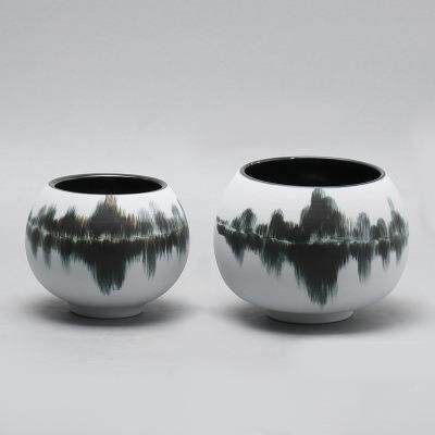 新中式水墨画陶瓷花瓶样板间客厅摆件灰白中国风大口花钵插花花器