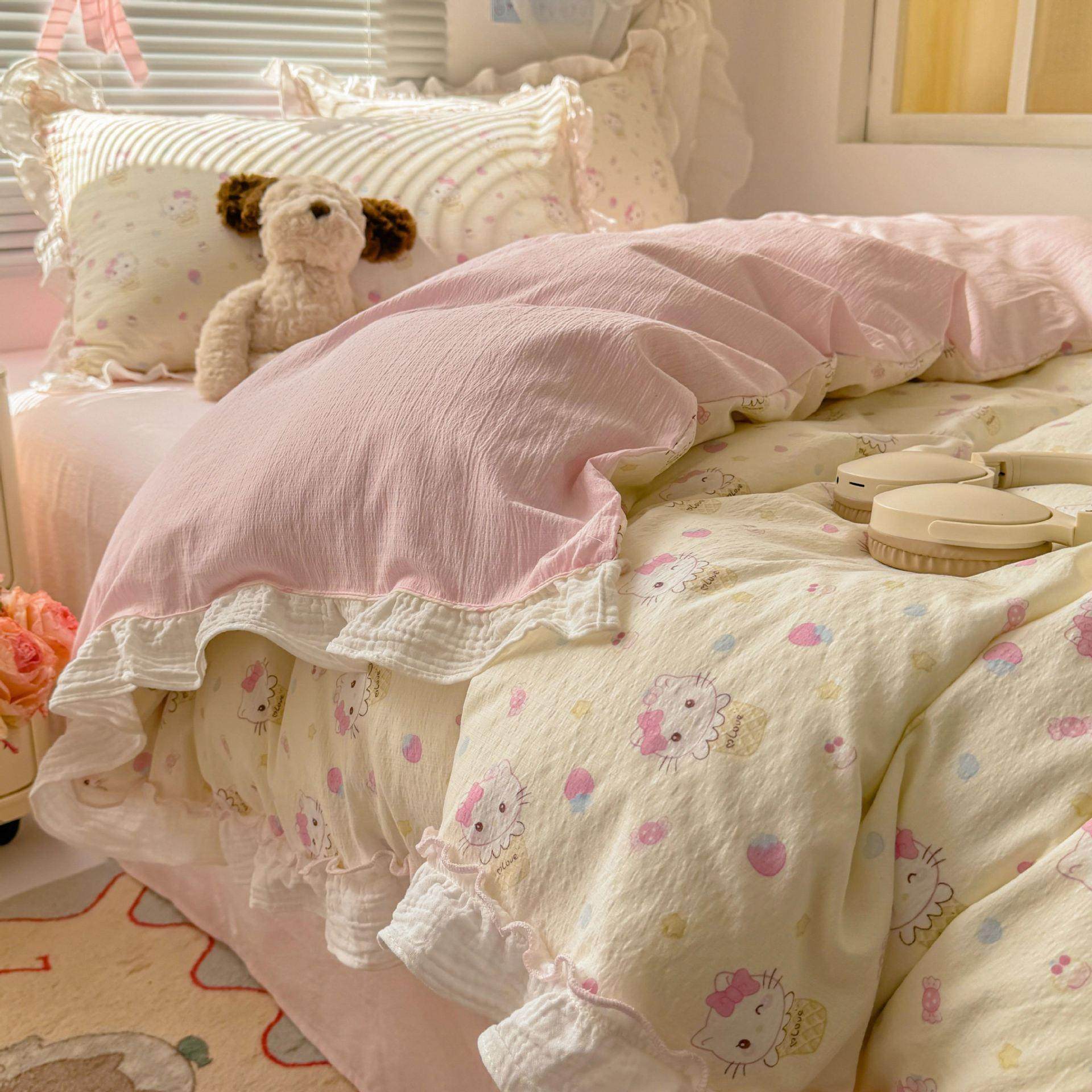 可爱ins韩式荷叶花边四件套被套被罩床单床上用品三件套学生宿舍,床上用品,床垫/床褥/床护垫/榻榻米床垫,淘宝优惠券,粉丝福利购,淘宝优惠卷
