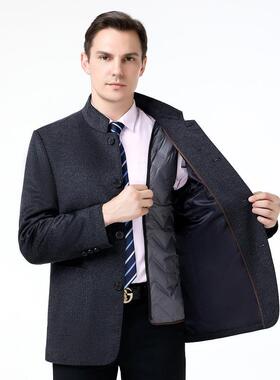 85835-亲秋冬款羊毛呢夹克男中老年士翻新领男短款可拆羽服羊绒茄