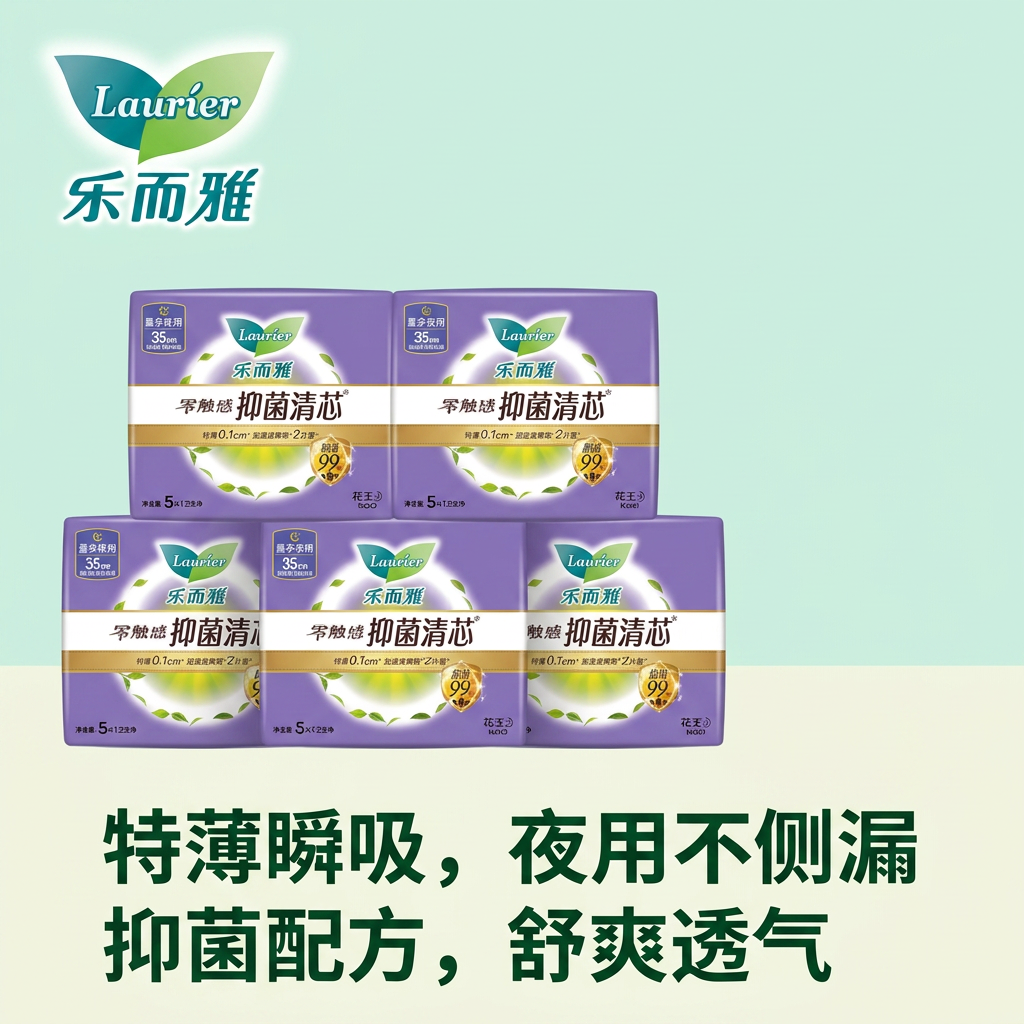 乐而雅零触感抑菌清芯夜用卫生巾35cm量多超薄透气花王姨妈巾5片