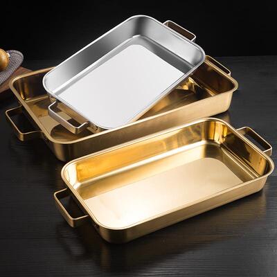 不锈钢烤盘平耳底盘长方形托盘商鱼AUR金用双电磁炉烤盘韩式色多