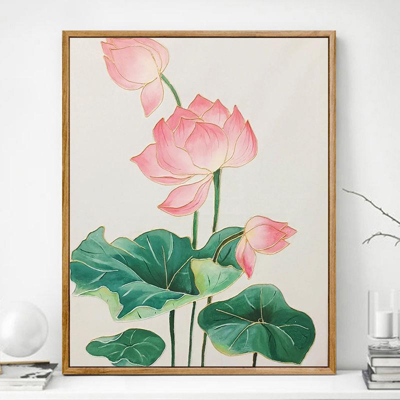 荷花diy国风淡雅花卉高级室内装饰画手工填色手绘涂色画图片