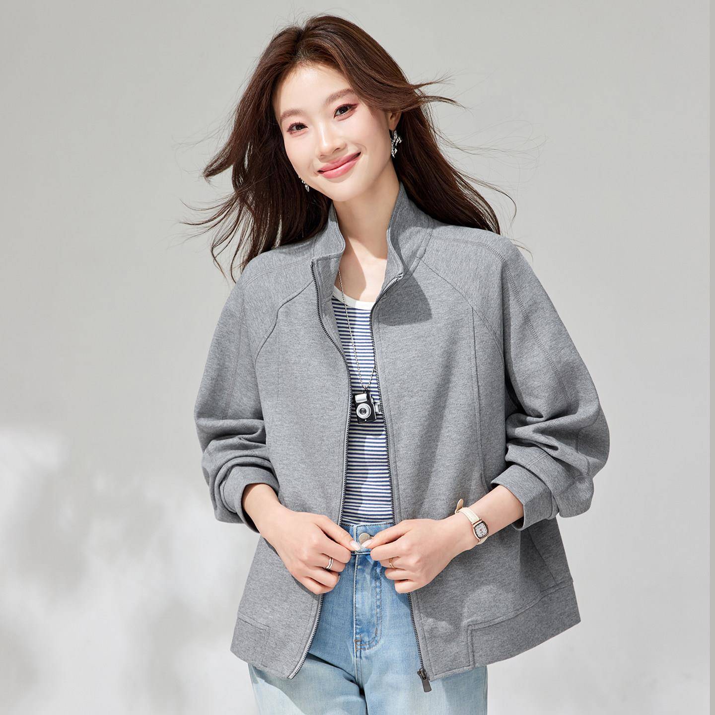 拉链立领短款宽松外套女春秋季2026新款纯棉卫衣休闲简约减龄上衣