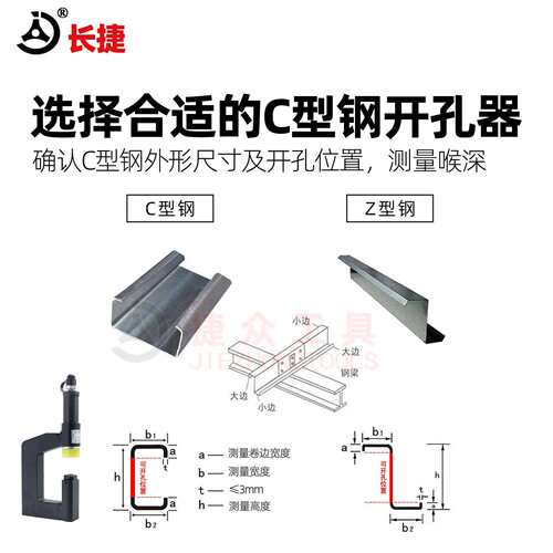 长捷C型钢液压开孔器Z型钢光伏桥架开孔线槽檩条不锈钢电动冲孔机