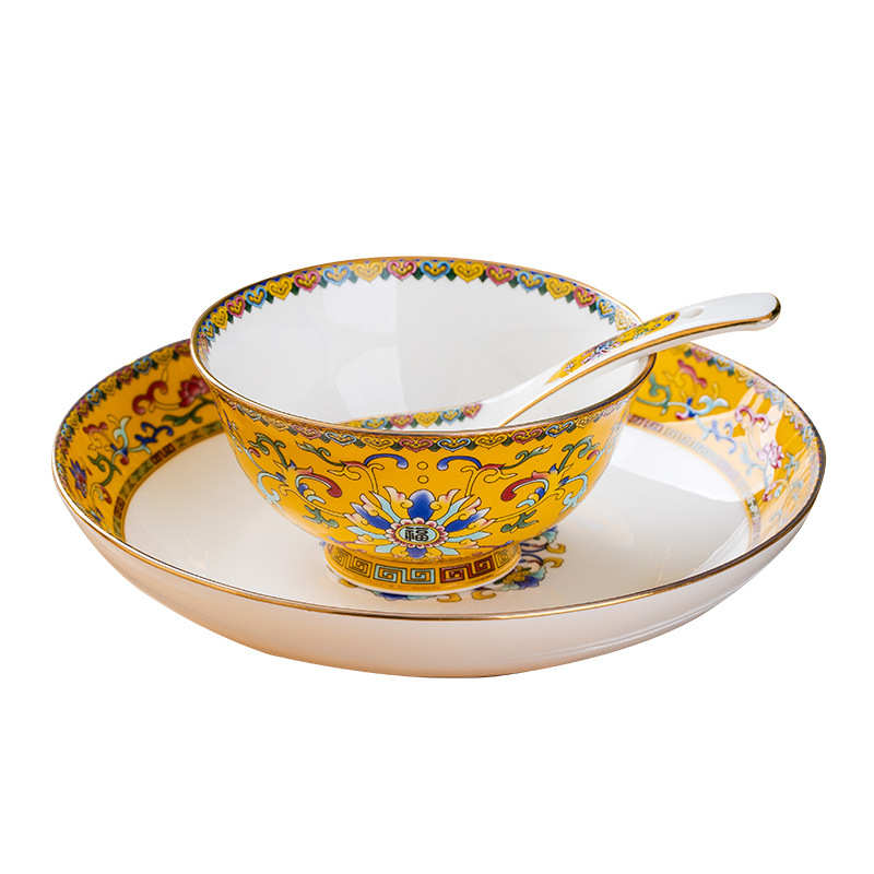 金边缠枝福16头景德镇礼品瓷家用骨瓷碗盘勺筷子组合餐具套装送礼