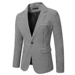 and white one button men black suit Men checkered