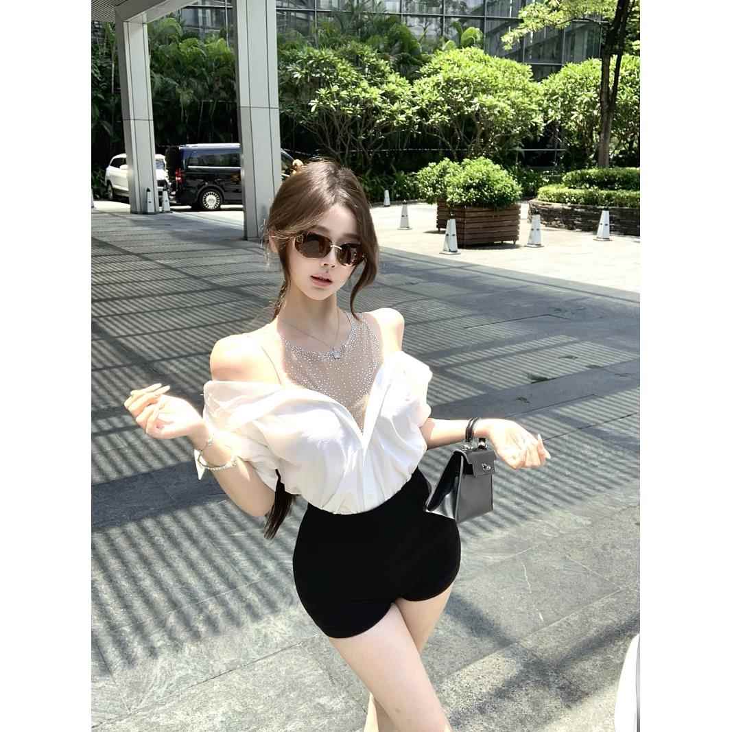 拼接网纱假两件烫钻长袖衬衫女装秋季设计感收腰衬衣白色露肩上衣