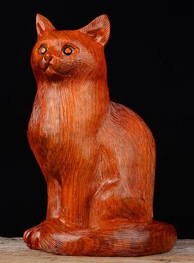 花梨木实木招财猫木雕开线猫实木家居客厅电视柜办公店铺招财摆件