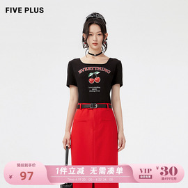 fiveplus女夏装字母标语，短袖t恤女小众别致上衣樱桃图案