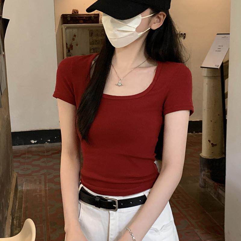 甜辣妹方领掐腰正肩短版t恤女大红色短袖设计感夏季修身显瘦上衣