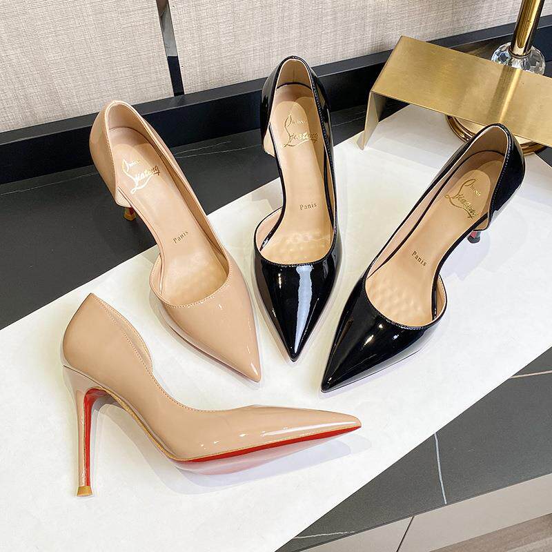 裸色侧空高跟鞋女红底细跟2026新款尖头浅口漆皮性感气质绝美单鞋