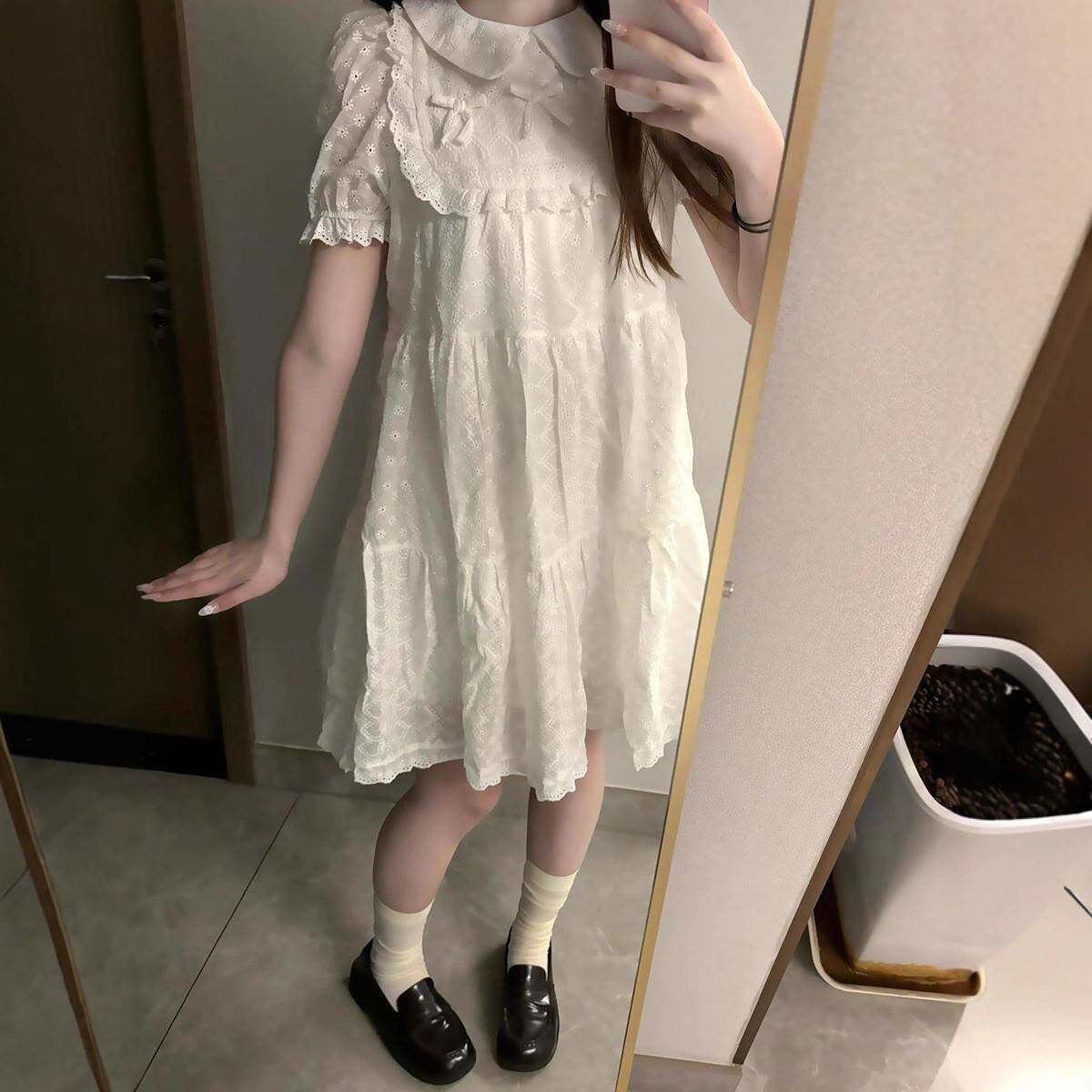 女童甜美白色泡泡袖连衣裙中大童娃娃领纯色波点蕾丝花边公主裙子