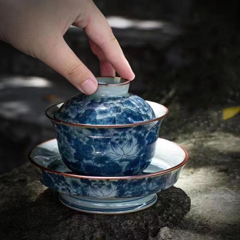 老陶泥万花满彩盖碗釉下彩大师手作青花陶瓷茶具配件粗陶沉浮设计