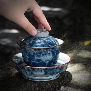 老陶泥万花满彩盖碗釉下彩大师手作青花陶瓷茶具配件粗陶沉浮设计