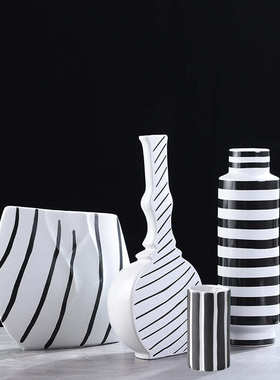 轻奢北欧极简黑白条纹插花陶瓷花瓶时尚家居软装饰品饰品摆件家居