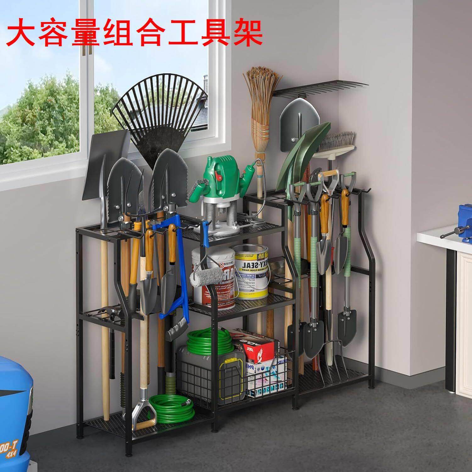 园林庭院清洁用具收纳层架三层铁艺带轮花园移动农用工具置物架