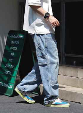 Sigbreak日系复古B01水洗宽松双膝伐木cleanfit工装直筒牛仔裤男