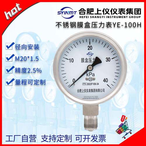 不锈钢膜盒压力表YE-100H微压表千帕表40KPAmmH20