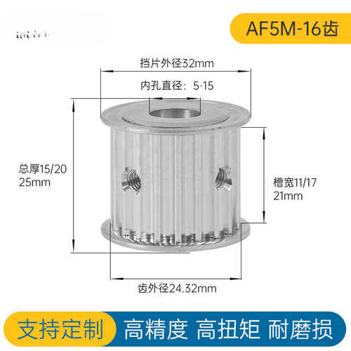 两面平 同步轮 5M16齿 同步带皮带轮 AF型同步带轮 内孔5-14可选