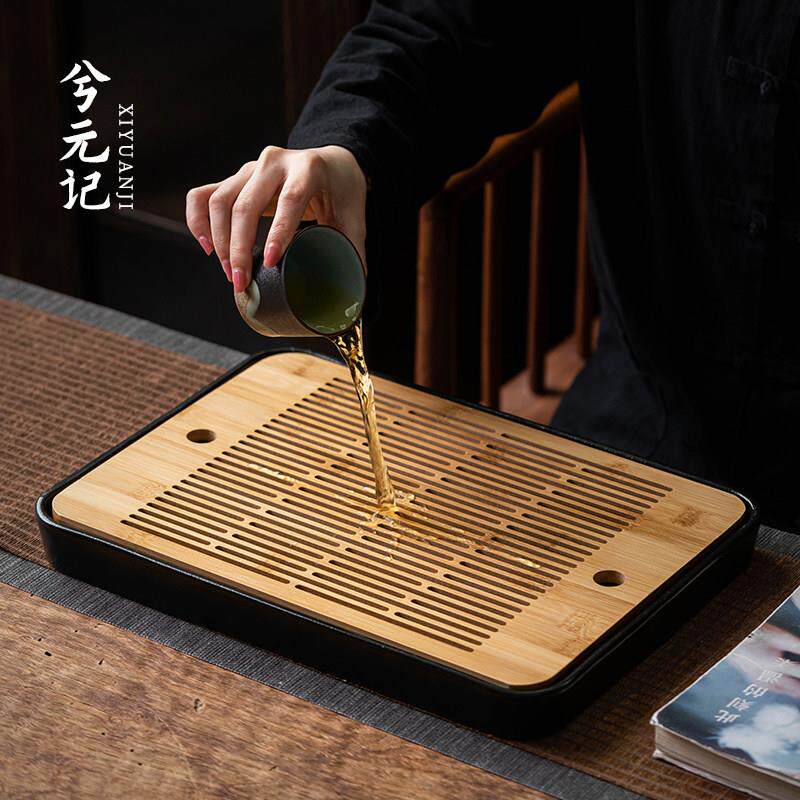 陶瓷竹制茶盘家用排水托盘小茶桌功夫茶具陶瓷茶盘办公室茶海干泡