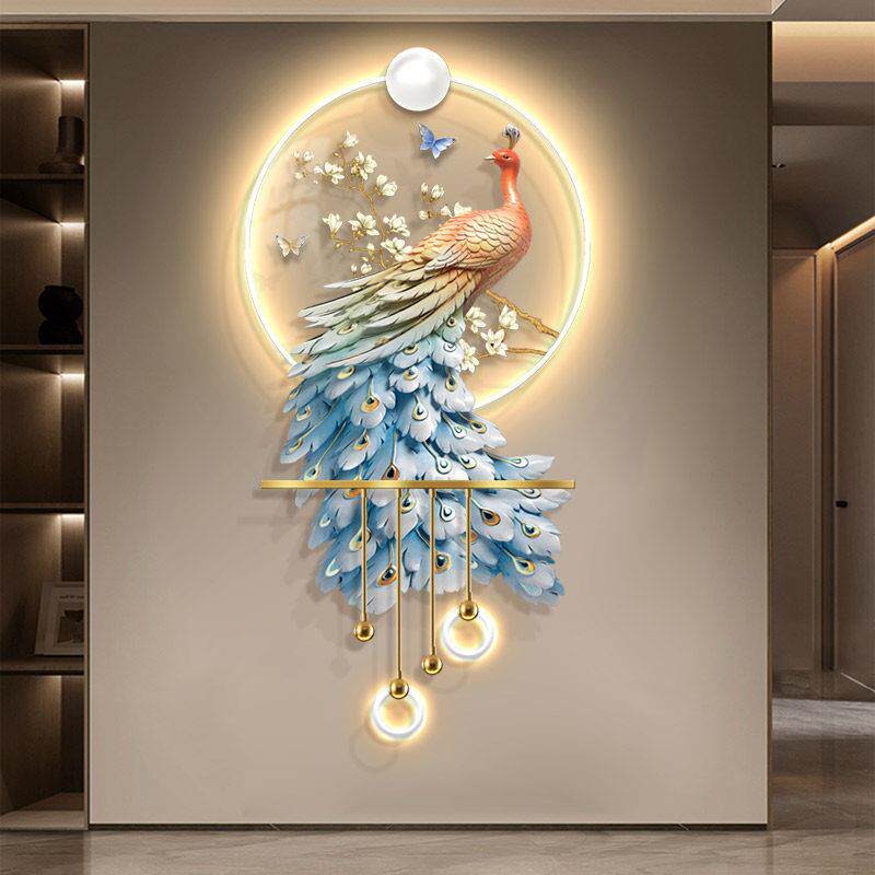 现代轻奢孔雀玄关装饰画寓意好LED灯光挂画走廊过道立体发光壁灯