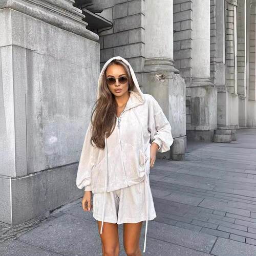 Hooded cardigan shorts two-piece set for women